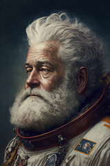 Wall Mural - portrait of an elderly bearded male astronaut in a spacesuit. Generative AI