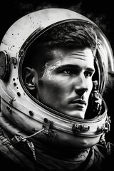Wall Mural - black and white portrait of a male astronaut in a helmet and spacesuit. Generative AI