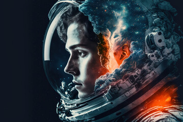 fantastic portrait of a male astronaut in a modern helmet and spacesuit. generative ai