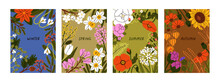 Floral Cards Set. Four Seasons Posters With Winter, Spring, Summer, Autumn Flowers, Delicate Plants, Blooming Wildflowers. Vertical Nature Backgrounds, Botanical Frames. Flat Vector Illustrations