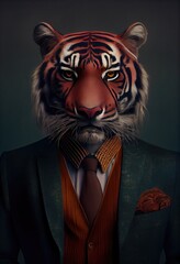 Wall Mural - portrait of a bengal tiger in a gray suit with a tie. generative ai