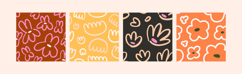Aufkleber - Seamless doodle patterns with flowers, abstract shapes set. Repeating prints, endless backgrounds. Naive floral textures designs for textile, fabric. Printable trendy flat vector illustrations