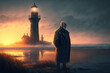 © alexkoral - elderly man lighthouse keeper at dawn in morning. Cartoon drawn style. Generative AI