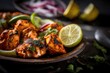Grilled chicken tandoori with vegetables. Closeup food photo. Generative AI