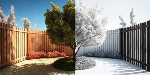 Wall Mural - split comparison view of different summer vs winter seasons, aging or timeline of environmental climate change concepts as wide banner - Generative AI