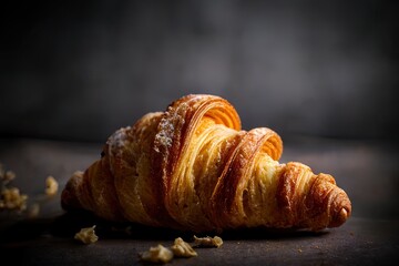 Wall Mural - Croissant on wooden table. Closeup food photo. Generative AI