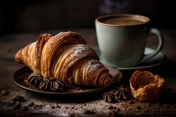 Wall Mural - Cup of coffee and croissant. Closeup food photo. Generative AI