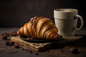 Wall Mural - Cup of coffee and croissant. Closeup food photo. Generative AI