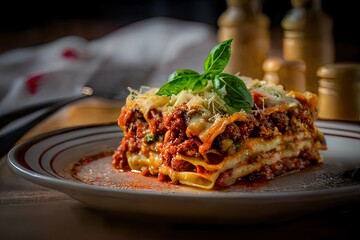 Wall Mural - Lasagna in bechamel sauce on a plate. Closeup food photo. Generative AI