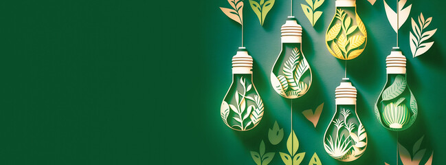 Ecology, save energy and sustainability concept. Environment banner light bulbs with plants cut out of paper on green background with copy space. Sustainable energy development. Generation ai