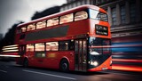 Fototapeta  - Fast moving london red bus driving through the city with motion blur. Generative AI