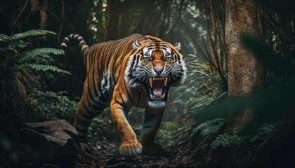 Wall Mural - angry tiger in the jungle in action while hunting its prey. generative ai