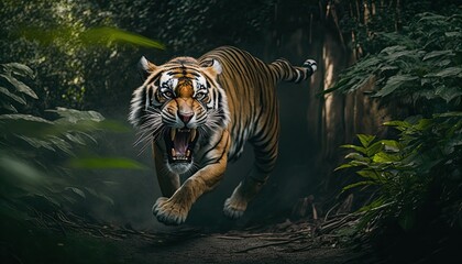 Wall Mural - angry tiger in the jungle in action while hunting its prey. generative ai