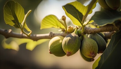 Figs on a branch in an orchard closeup. Generative A