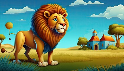 Wall Mural - children's book cartoon 3d lion on a farm. generative ai