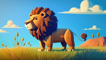 Wall Mural - children's book cartoon 3d lion on a farm. generative ai
