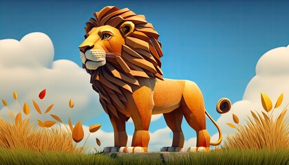 Wall Mural - children's book cartoon 3d lion on a farm. generative ai