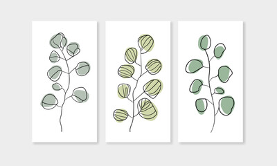 Eucalyptus twigs on a gray background in line art style. Greenery vector illustration in minimalist style.