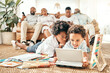 © J Bettencourt/peopleimages.com - Children tablet app, black family and home living room of kids on a digital education game. Happy mom, father and parents love in a house sofa with happiness and bonding together learning on web
