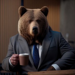 Wall Mural - grizzly bear holding a cup of coffee. generative ai