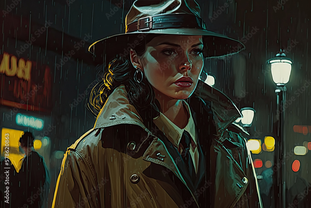 detective girl in a hat and raincoat on street at night in style of ...
