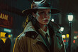 © alexkoral - detective girl in a hat and raincoat on street at night in style of comic noir. Generative AI