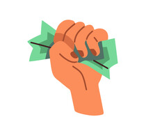 Hand Squeezing Money. Crumpled Wrinkled Dollar Banknote In Clenched Fist. Holding, Keeping Cash, Currency With Greed, Power. Finance Concept. Flat Vector Illustration Isolated On White Background