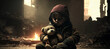 child girl with a plush toy in destroyed bombed city. concept no war. Generative AI