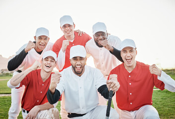 Poster - Baseball players, portrait or winner success on field, game or match fist in diversity fitness, exercise or workout achievement. Smile, happy or cheering softball men in energy sports or wow teamwork