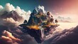 Enchanted fantastic mountainous island with a castle in the clouds aI generated