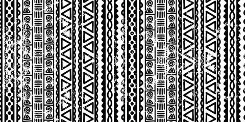 Wall Mural - Seamless tribal pattern. Ethnic Handmade vector line. Horizontal stripes, aztec maya texture. Black and white print for your textiles. Vector illustration ready for fashion textile print.