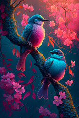 Wall Mural - Spring. A couple of birds sitting on top of a tree. Generative AI