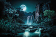 © The other house - Waterfall at night in the jungle with a full moon in the sky. generative ai.