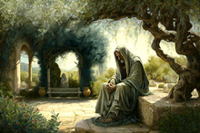 Jesus Christ Praying In The Garden Of Olive. AI Generativ.