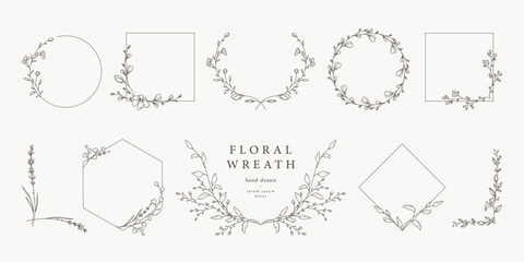 Wall Mural - Hand drawn vintage floral wreaths, frames, corners with flowers, branches and leaves. Trendy greenery elements in line art style. Vector for label, corporate identity, wedding invitation, card