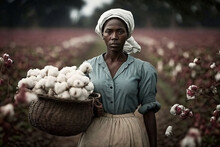 Mujer Negra En Una Plantación De Algodón, Con Una Cesta En La Mano, Vestida Con Ropa De Trabajo, Con La Cabeza Cubierta, Recolectando Capullos De Algodón.