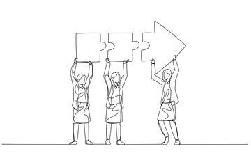 Wall Mural - Cartoon of businesswoman and coworkers connecting arrow jigsaw. Concept of problem solving. One line art style