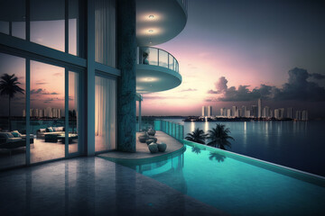 Canvas Print - Impressive luxury penthouse terrace with a swimming pool overlooking Miami