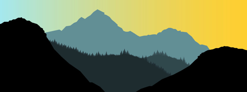 Fototapete - Realistic mountain landscape view  - Sunrise morning wood panorama, fir and spruce trees and mountains silhouette. Vector forest hiking adventure background