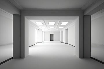 Sticker - Illustration of a white, symmetrical, empty office space. Generative AI