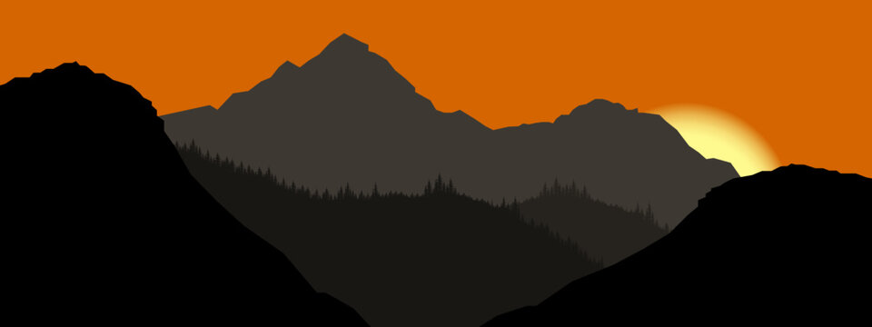 Fototapete - Realistic mountain landscape view - Sunrise morning wood panorama, fir and spruce trees and mountains silhouette. Vector forest hiking adventure background