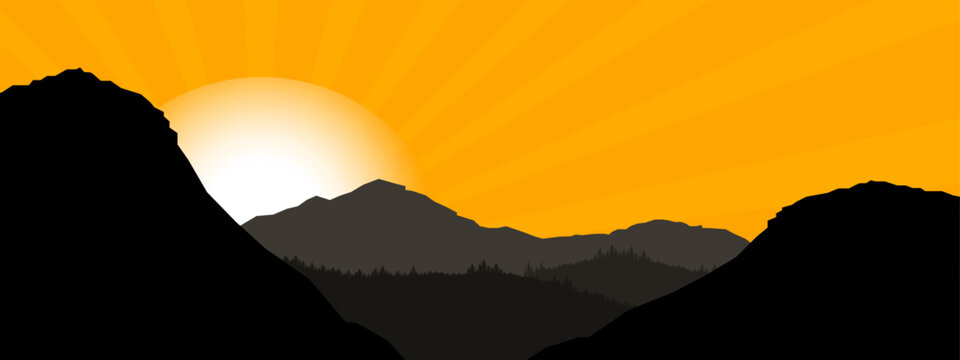 Fototapete - Mountain landscape view - Sunrise sunbeams morning wood panorama, fir and spruce trees and mountains silhouette. Vector forest hiking adventure background