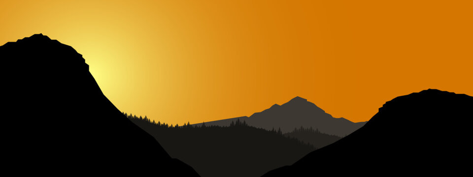 Fototapete - Realistic mountain landscape view - Sunrise morning wood panorama, fir and spruce trees and mountains silhouette. Vector forest hiking adventure background