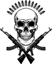 Illustration Of The Skull With Crossed Assault Rifles. Design Element For Logo, Label, Sign, Emblem. Vector Illustration