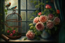 Bunch Of Beautiful Roses In Wicker Basket And Vintage Bird Cages Standing In Window, AI Generated
