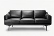 © 2rogan - Three seat contemporary sofa. Couch in black leather and metal legs on a white background. Interior design that is mid century modern, lofty, rustic, or often found in Scandinavia. Generative AI