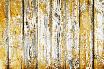 Wall Mural - Wooden desk background. Peeling paint pattern. Yellow old peeling paint texture. Grunge cracked wall background. Color weathered surface. Plank wood structure. Board vintage pattern design.