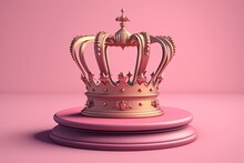 Crown Of Royalty On A Wooden Pedestal Set Against A Pink Backdrop. Generative AI