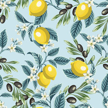 Seamless Vector Pattern Illustration Lemons And Olives In Hand Drawn Doodle Style. Ideal For Fabric Prints, Ceramics, Fashion Design Or Wrapping Paper. Blue Background