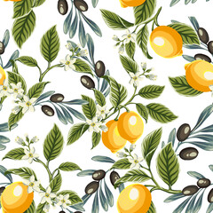 Wall Mural - lemon slices, olives and olive branch Set of hand drawn botanica Lemon seamless pattern . Lemons and olives colorful pattern in hand drawn doodle style. Perfect for fabric prints, ceramic, fashion des